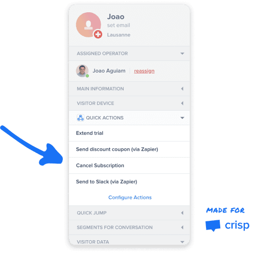 Quick Actions running inside the Crisp inbox sidebar
